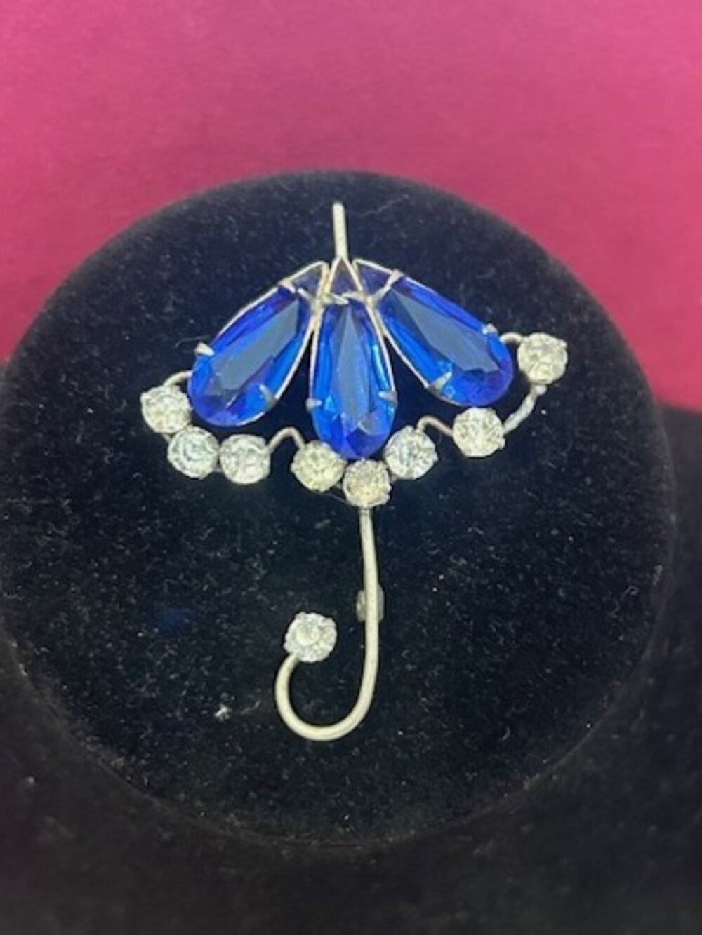 UMBRELLA Silver Clear Cobalt Blue Rhinestone BROOCH
